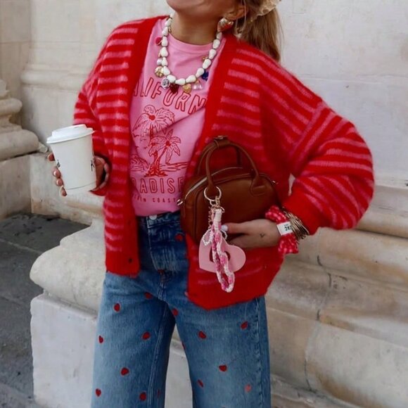 Red Casual Women's Striped Long Sleeve Cardigan - Picture 3 of 8